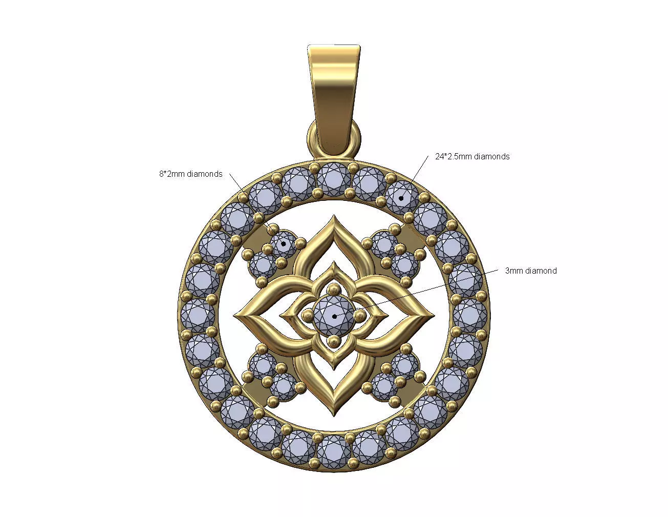 Diamond star cluster and halo round pendant with bail 3D print model_0