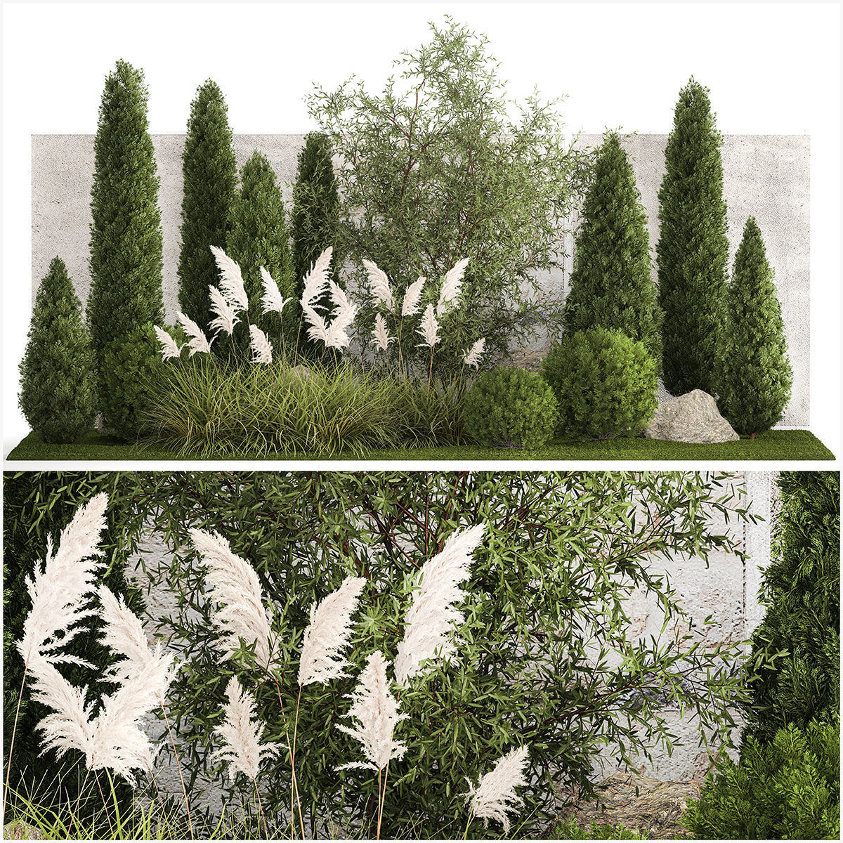 Beautiful garden of thuja cypress topiary bushes grass 1341 3D model_1