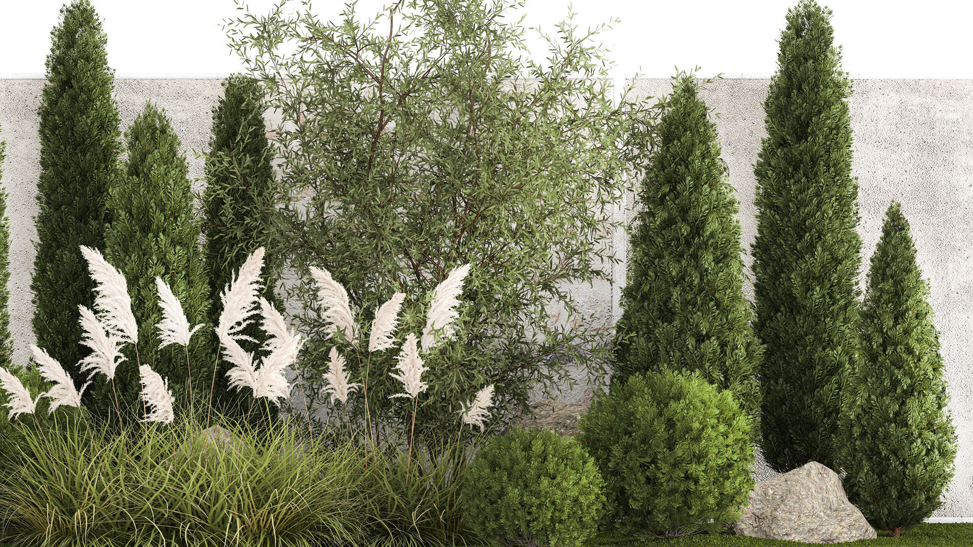 Beautiful garden of thuja cypress topiary bushes grass 1341 3D model_3