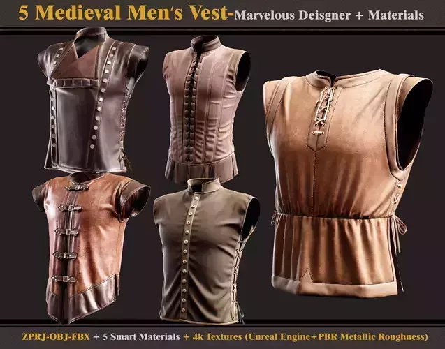 5 Medieval Men Vests-Marvelous Designer-Models-Materials