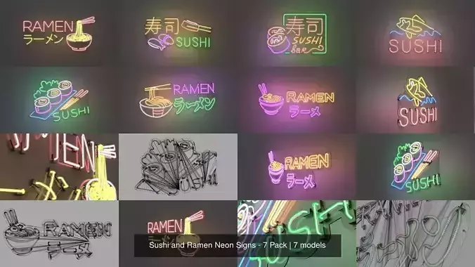 Sushi and Ramen Neon Signs - 7 Pack 3D Model Collection