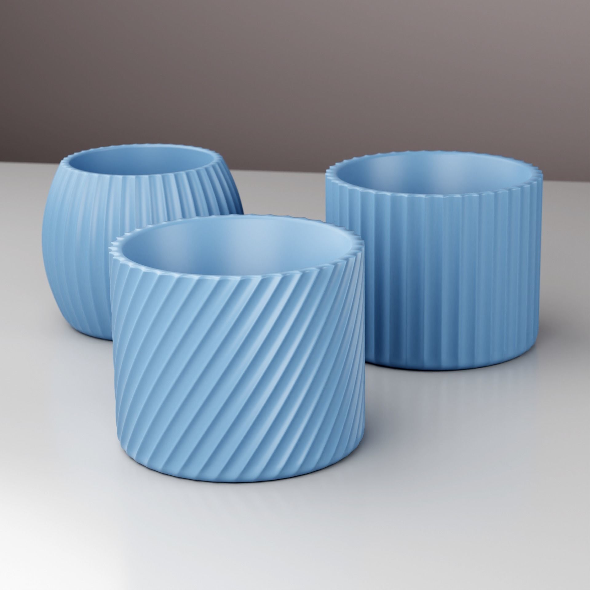 Line Planter Pots with Drain Holes and Trays - Set of 03pcs 3D print model_3