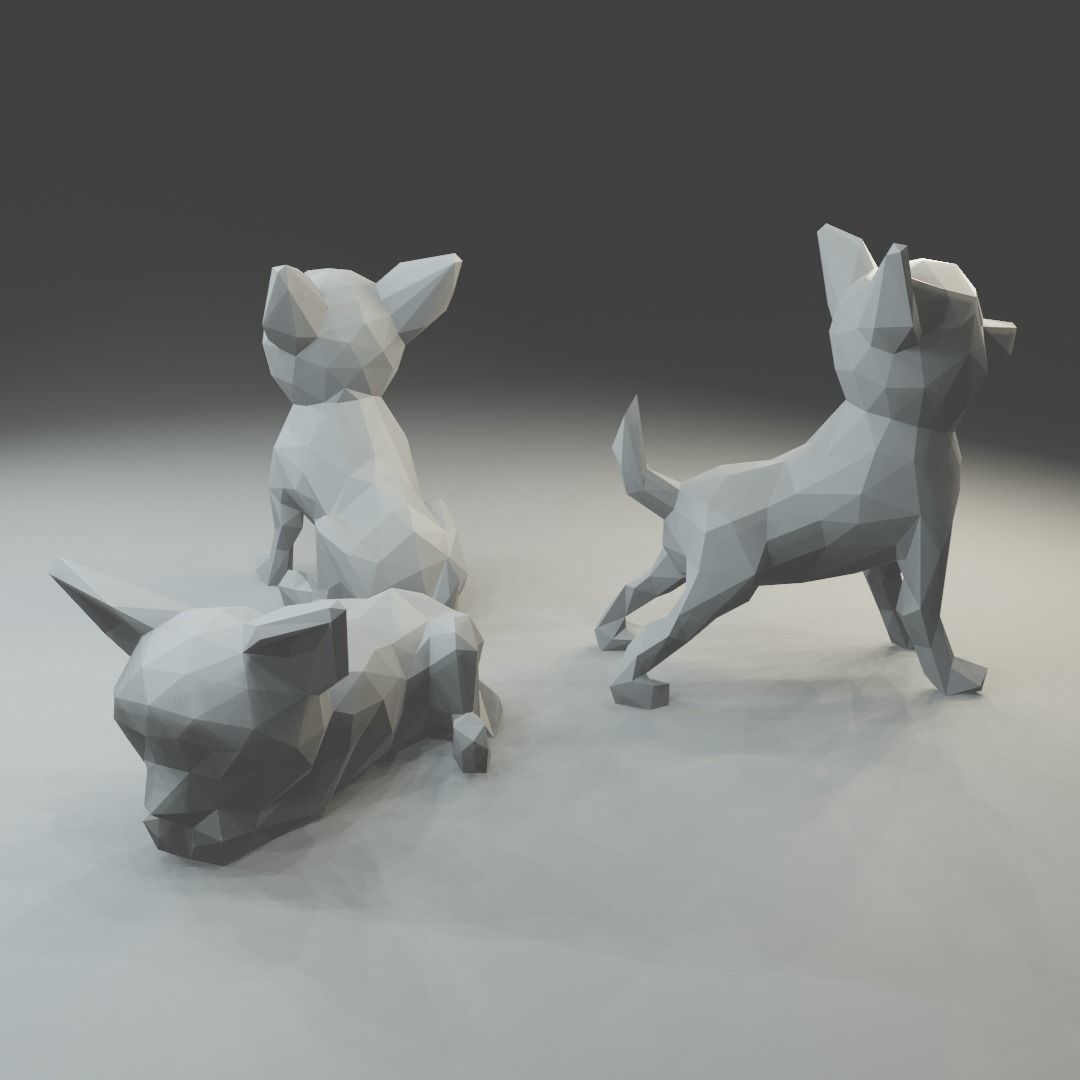 Low polygon chihuahua 3D print model  in three poses 3D print model_1