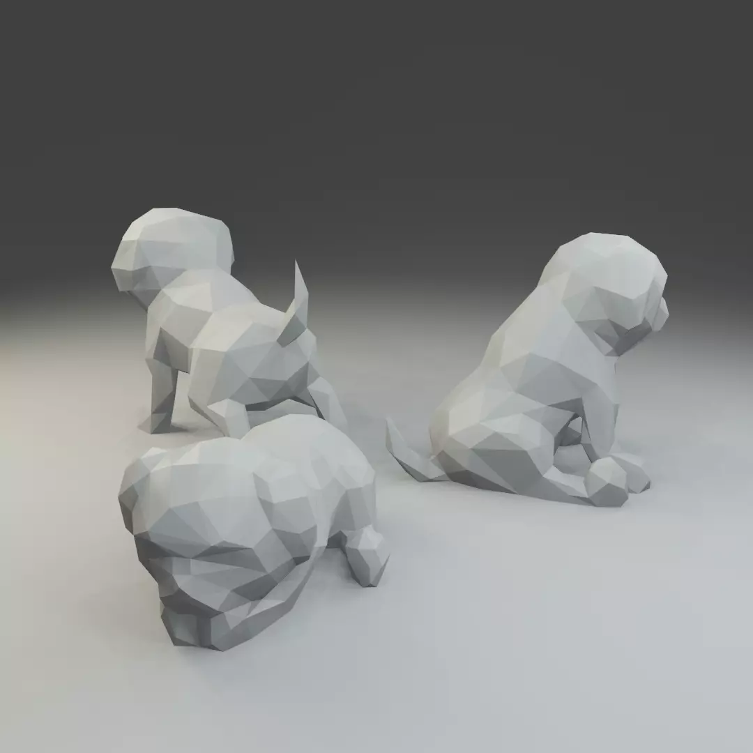Low polygon pug 3D print model in three poses 3D print model