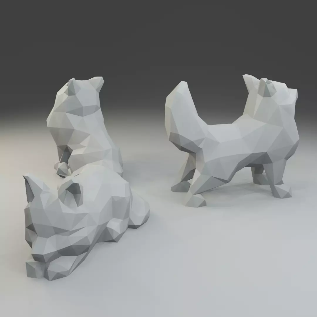 Low polygon pomeranian spitz 3D print model  in three poses 3D print model_0
