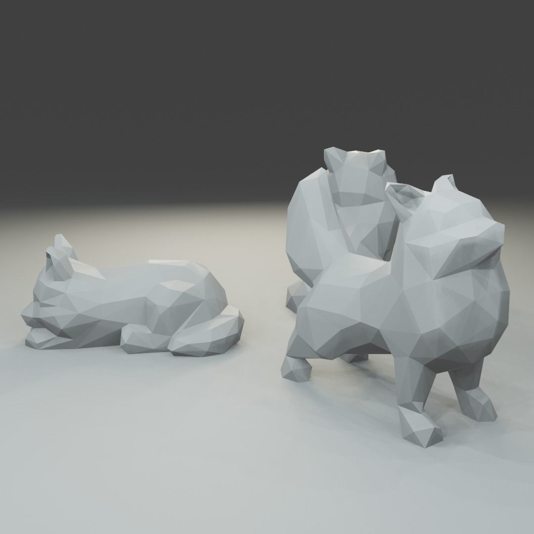 Low polygon pomeranian spitz 3D print model  in three poses 3D print model_1