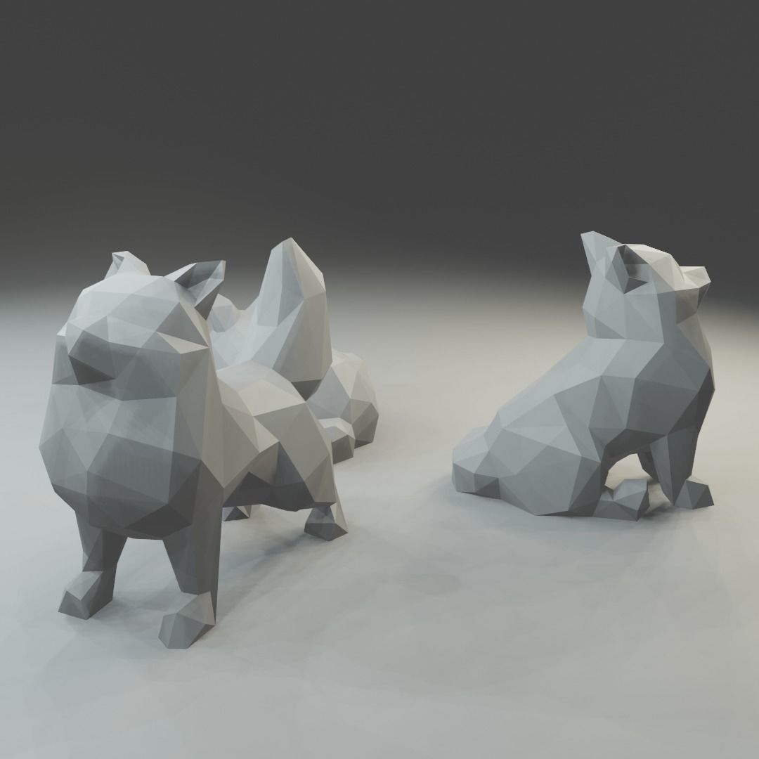 Low polygon pomeranian spitz 3D print model  in three poses 3D print model_2