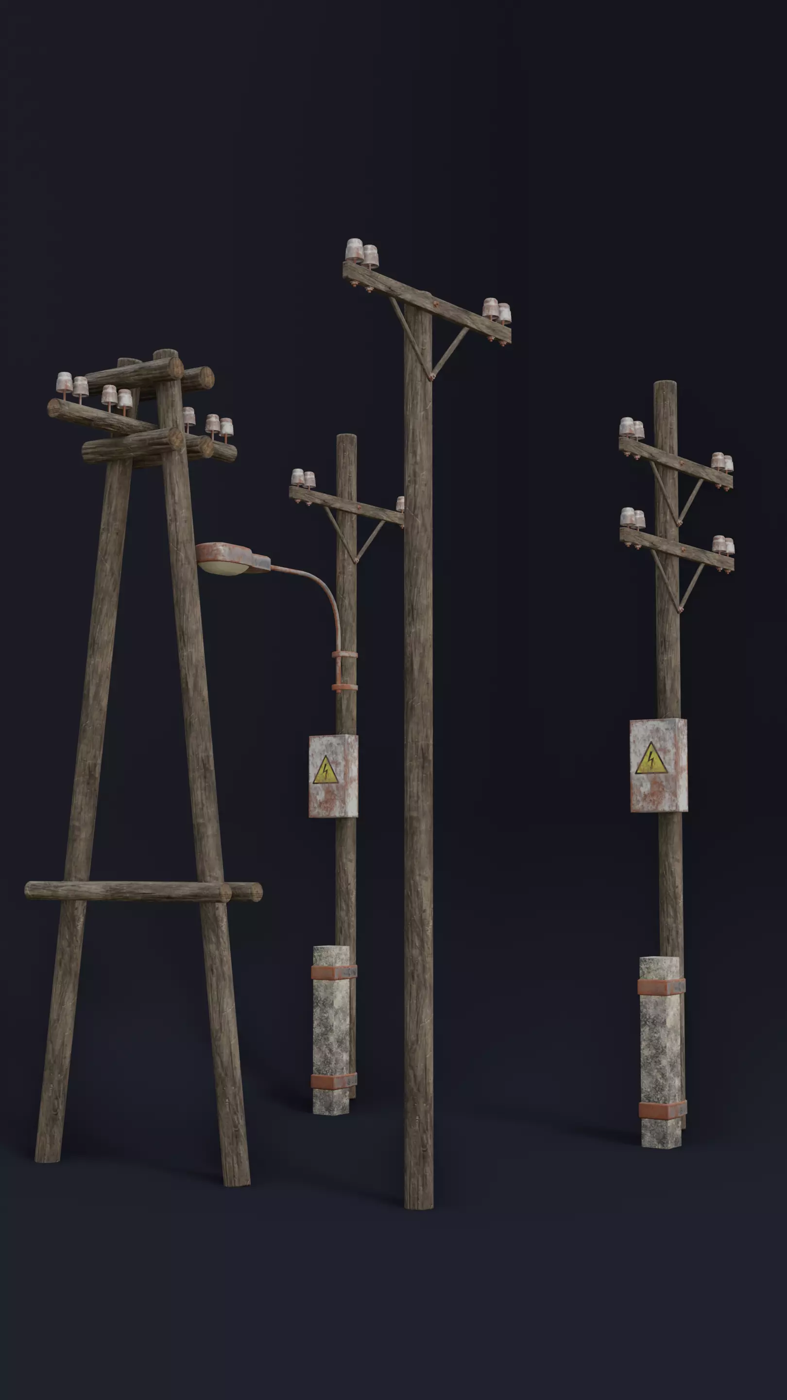 Old electric pole set PBR game ready Low-poly 3D model_0
