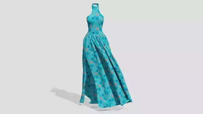 Long blue evening dress with corals