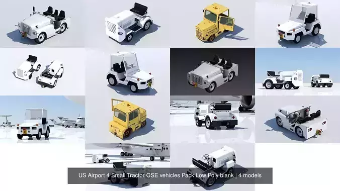 US Airport 4 Small Tractor GSE vehicles Pack Low Poly blank 3D Model Collection