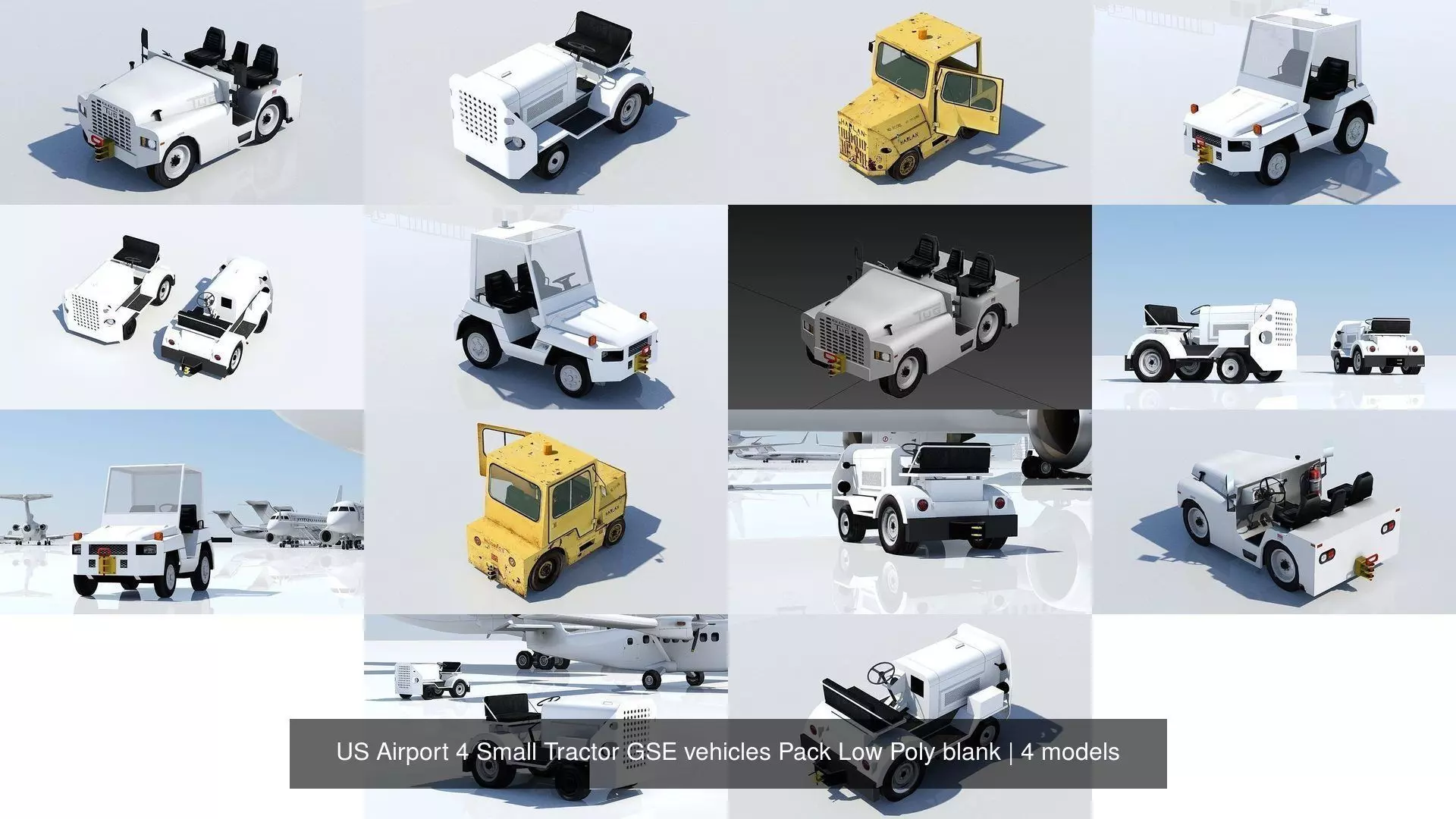 US Airport 4 Small Tractor GSE vehicles Pack Low Poly blank 3D Model Collection_0