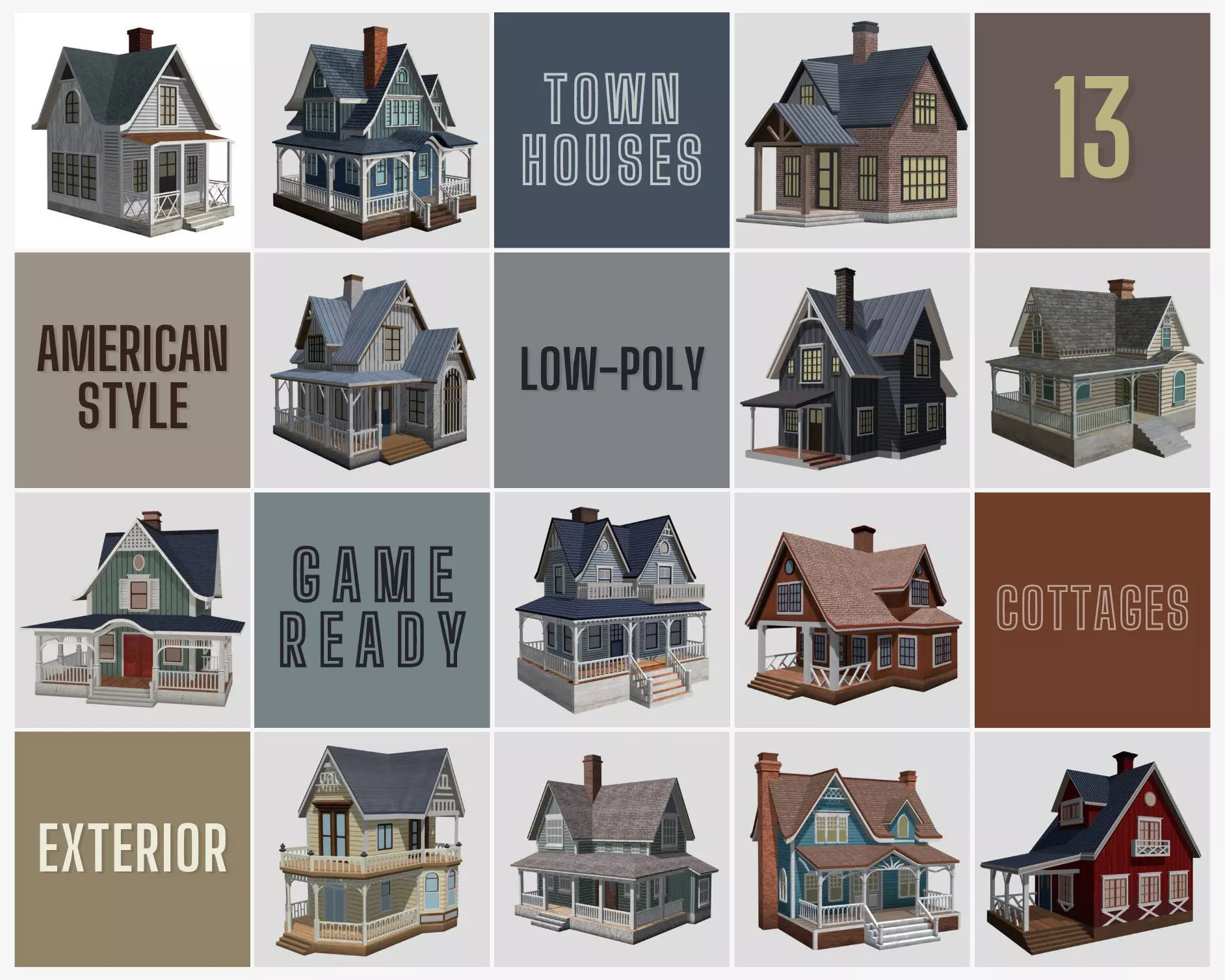 American Style Cottages - Town Houses Models 3D Model Collection_0
