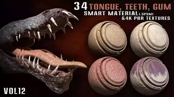 34 Tongue -Teeth- Gum Smart Material and  4k PBR Textures- vol12 Texture