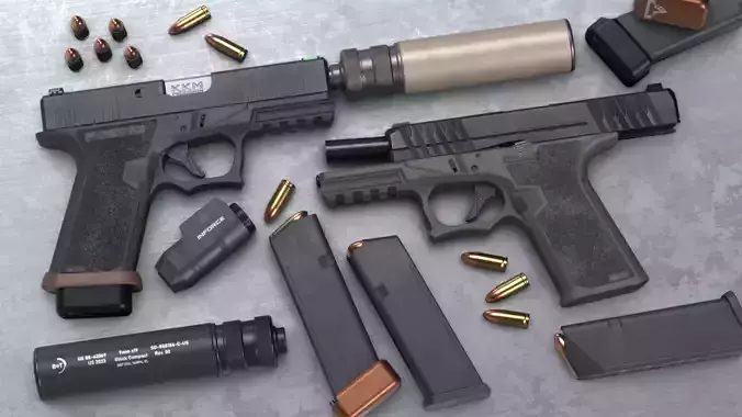 Custom G19 and Polymer80 PFC9 Pistol Pack - Game Asset Low-poly 3D model