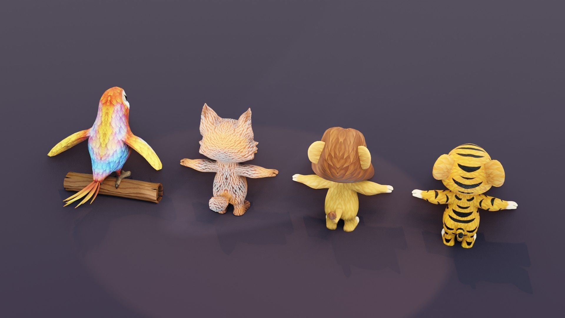 Tiger Lion Grey Fox Ara Parrot Pack 3D Model Low-poly 3D model_6