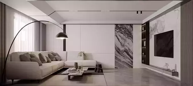 Modern minimalist living room and bedroom