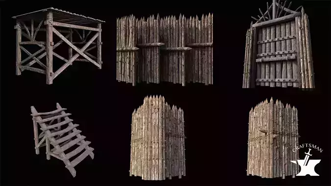 Realistic Medieval Logs Fence Palisade Low-poly 3D model
