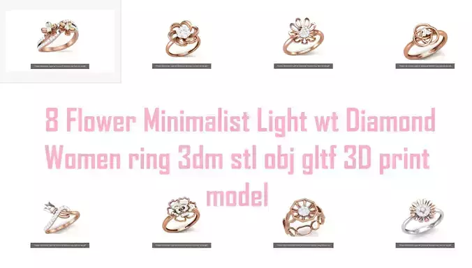 8 Flower Minimalist Light wt Diamond Women ring 3dm stl obj 3D Model Collection