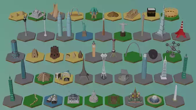Pack Landmarks miniatures  Low-poly 3D model