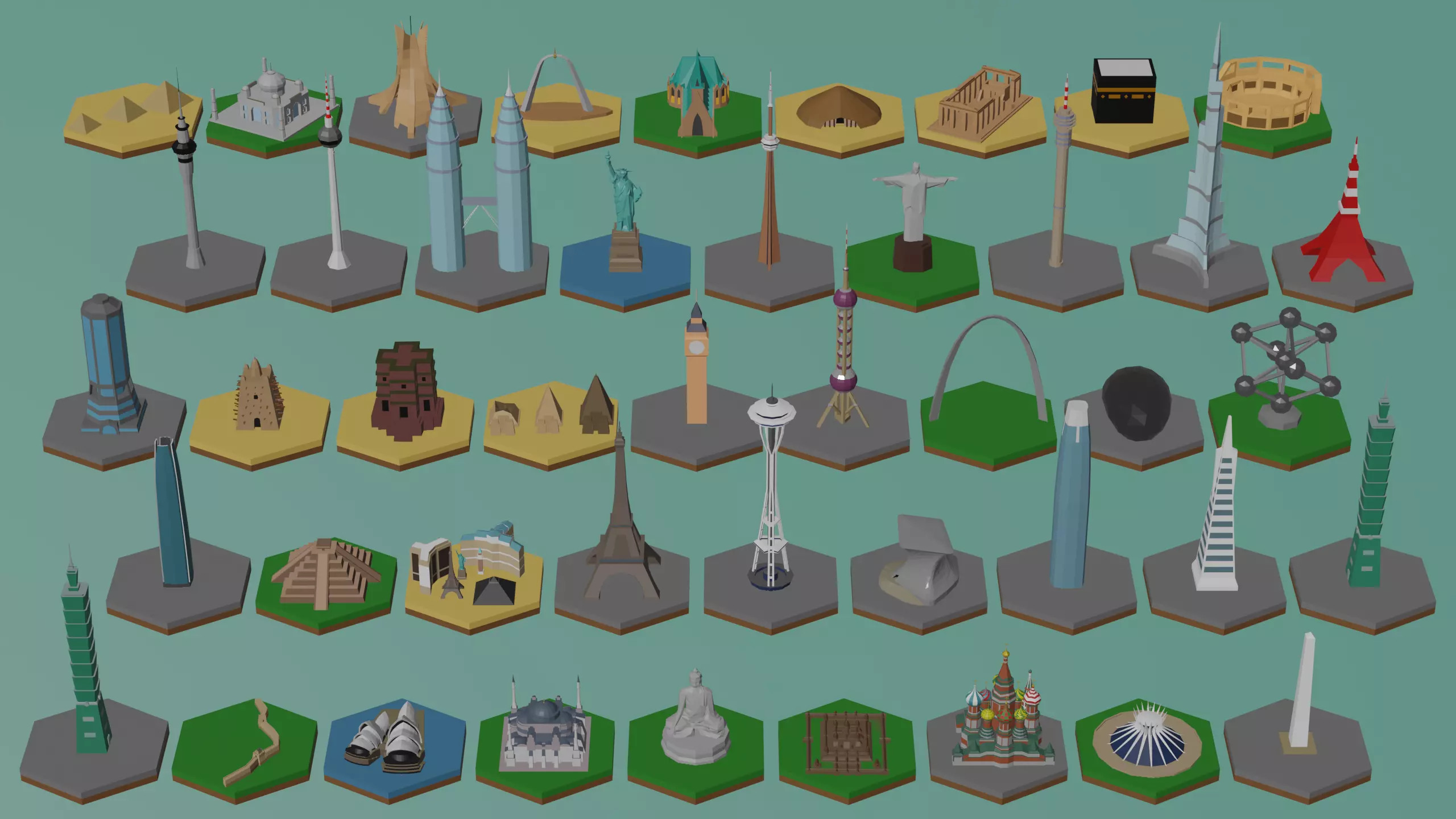 Pack Landmarks miniatures Low-poly 3D model
