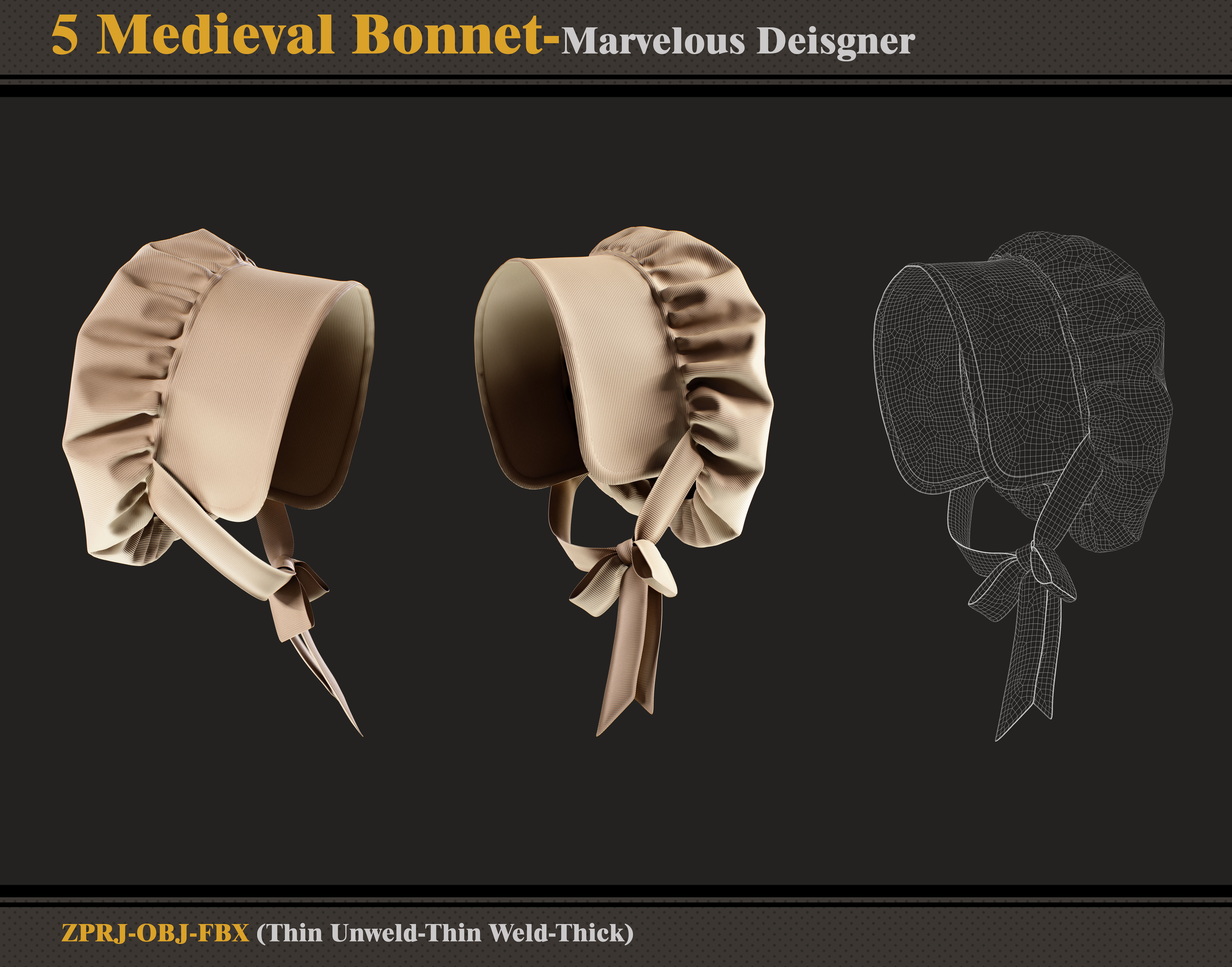 5 Medieval Bonnets -Marvelous Designer-FBX-OBJ 3D model_1