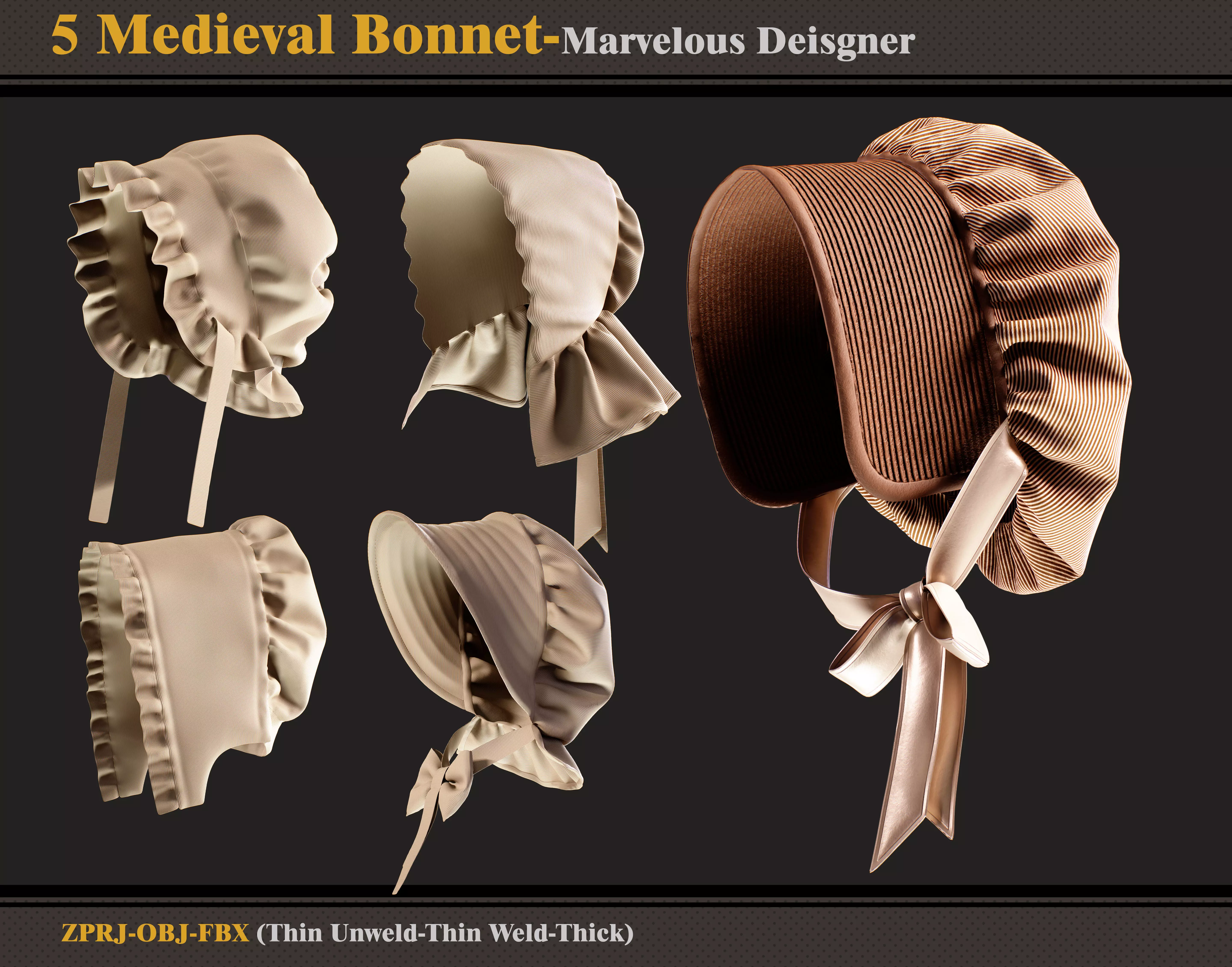 5 Medieval Bonnets -Marvelous Designer-FBX-OBJ 3D model_0
