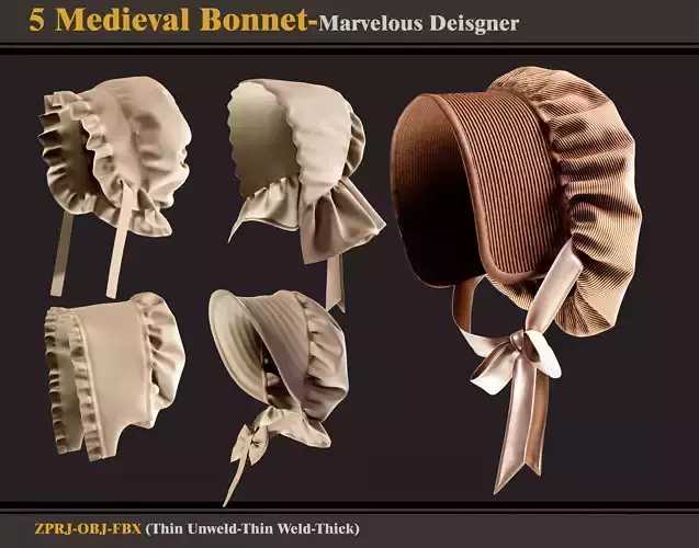 5 Medieval Bonnets -Marvelous Designer-FBX-OBJ 3D model
