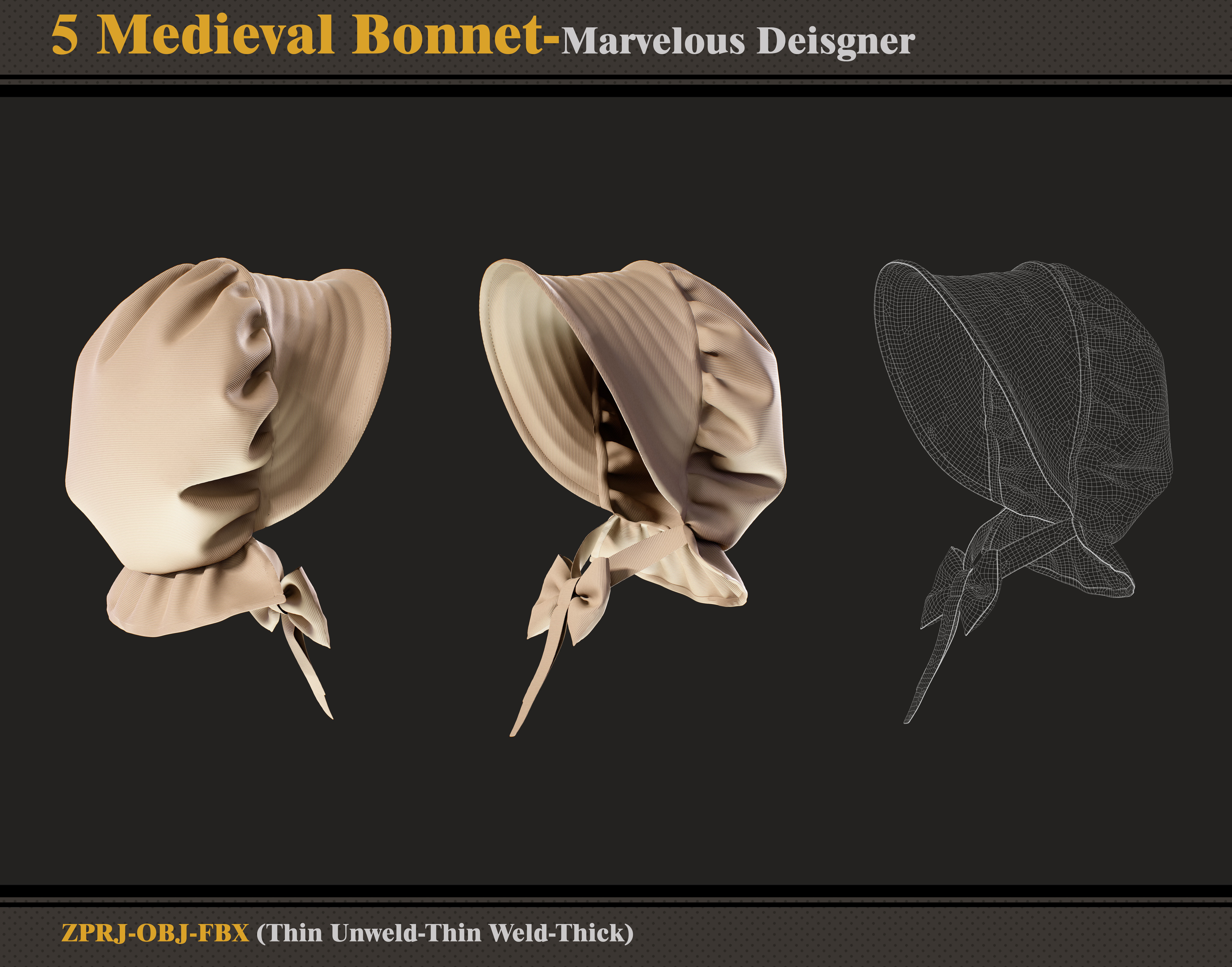 5 Medieval Bonnets -Marvelous Designer-FBX-OBJ 3D model_2
