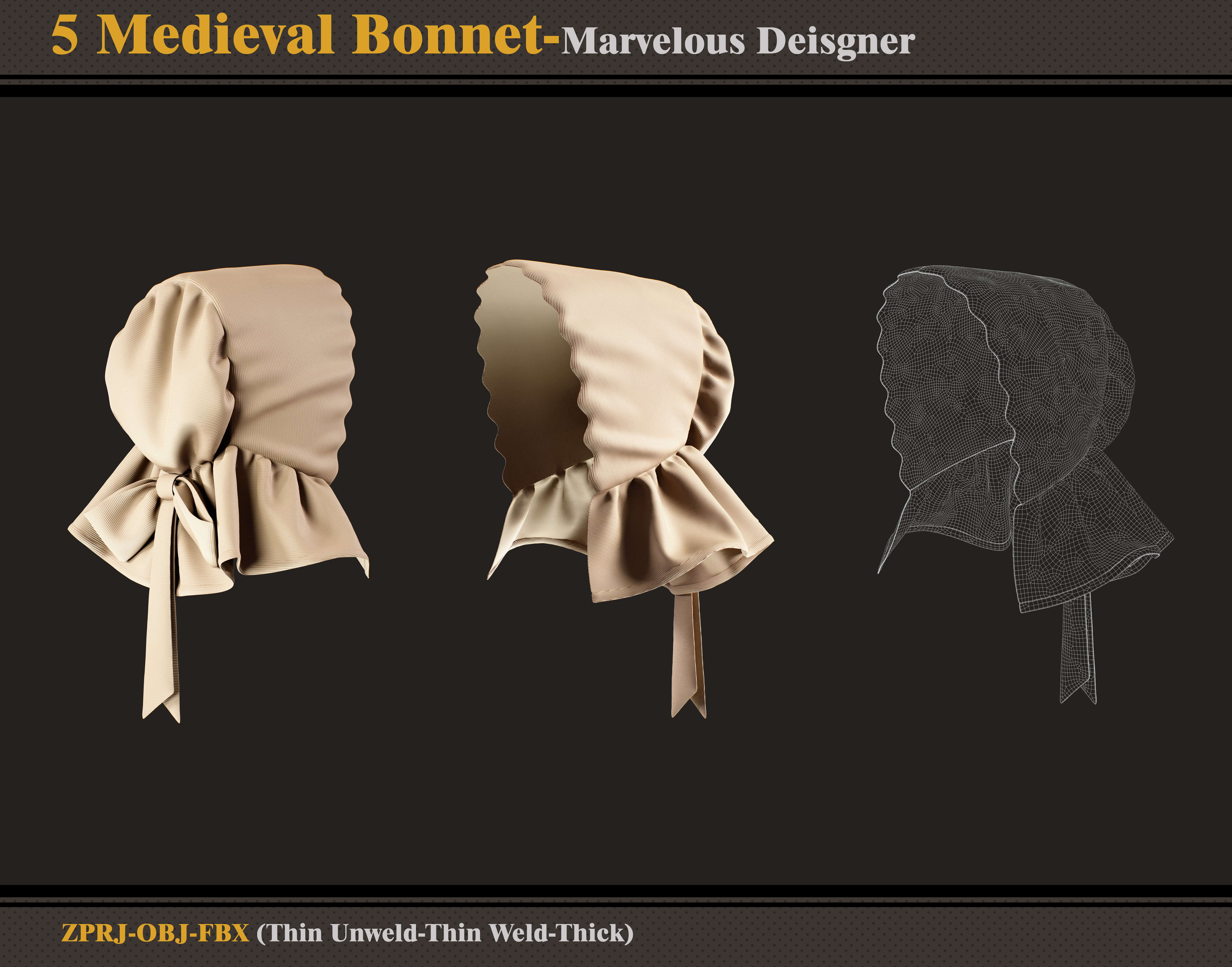5 Medieval Bonnets -Marvelous Designer-FBX-OBJ 3D model_4