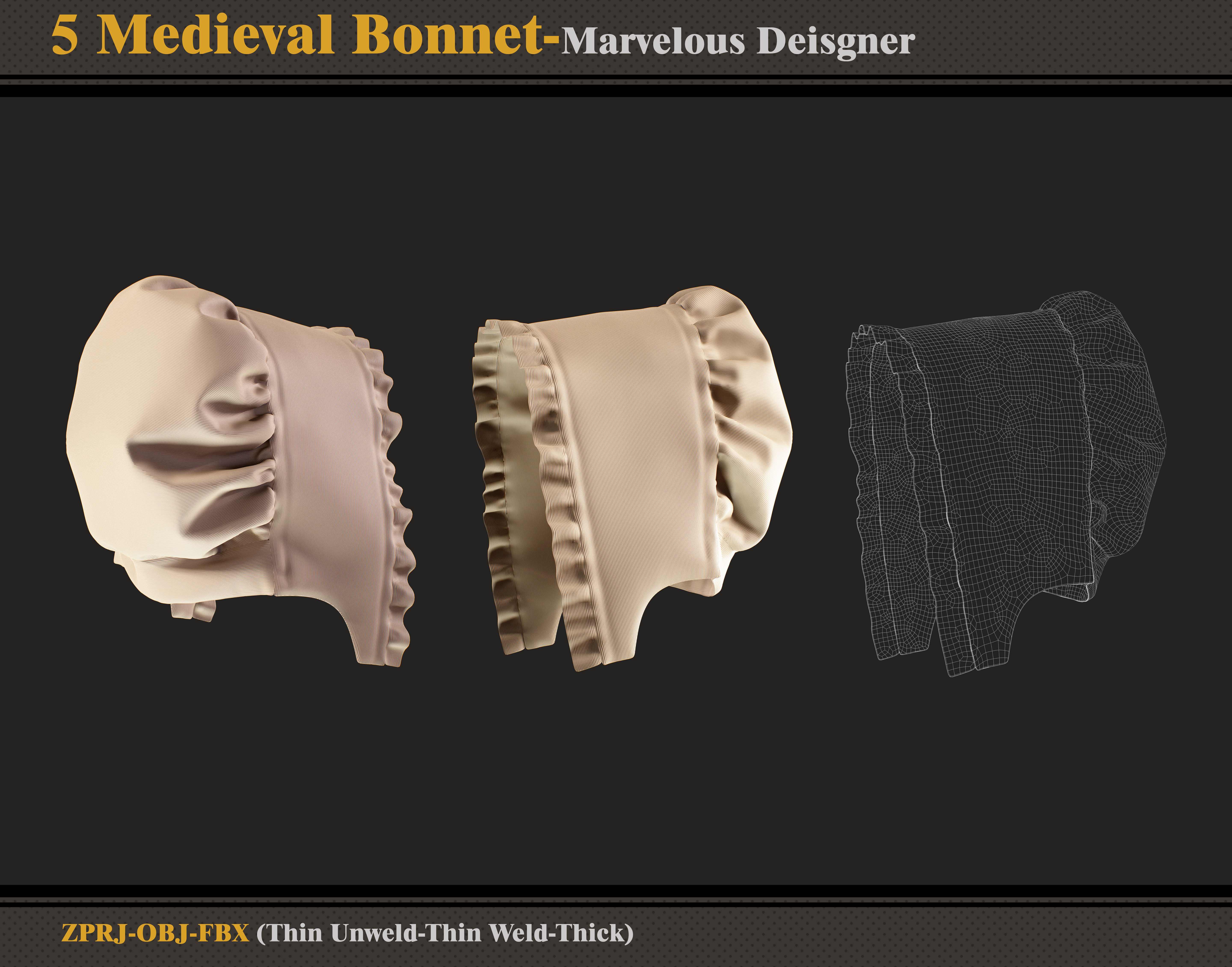 5 Medieval Bonnets -Marvelous Designer-FBX-OBJ 3D model_3
