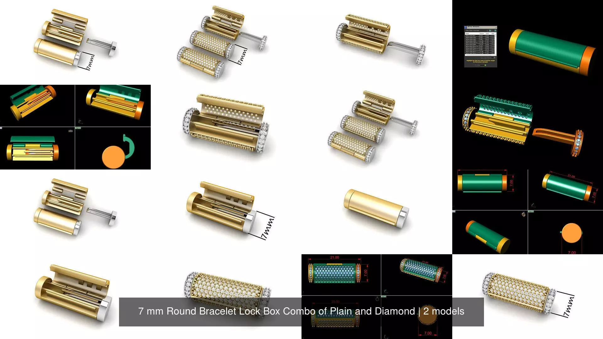 7 mm Round Bracelet Lock Box Combo of Plain and Diamond 3D Model Collection_1