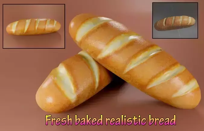 Fresh baked realistic bread Low-poly 3D model