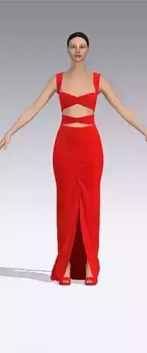 Red dress belt panel detail long skirt 