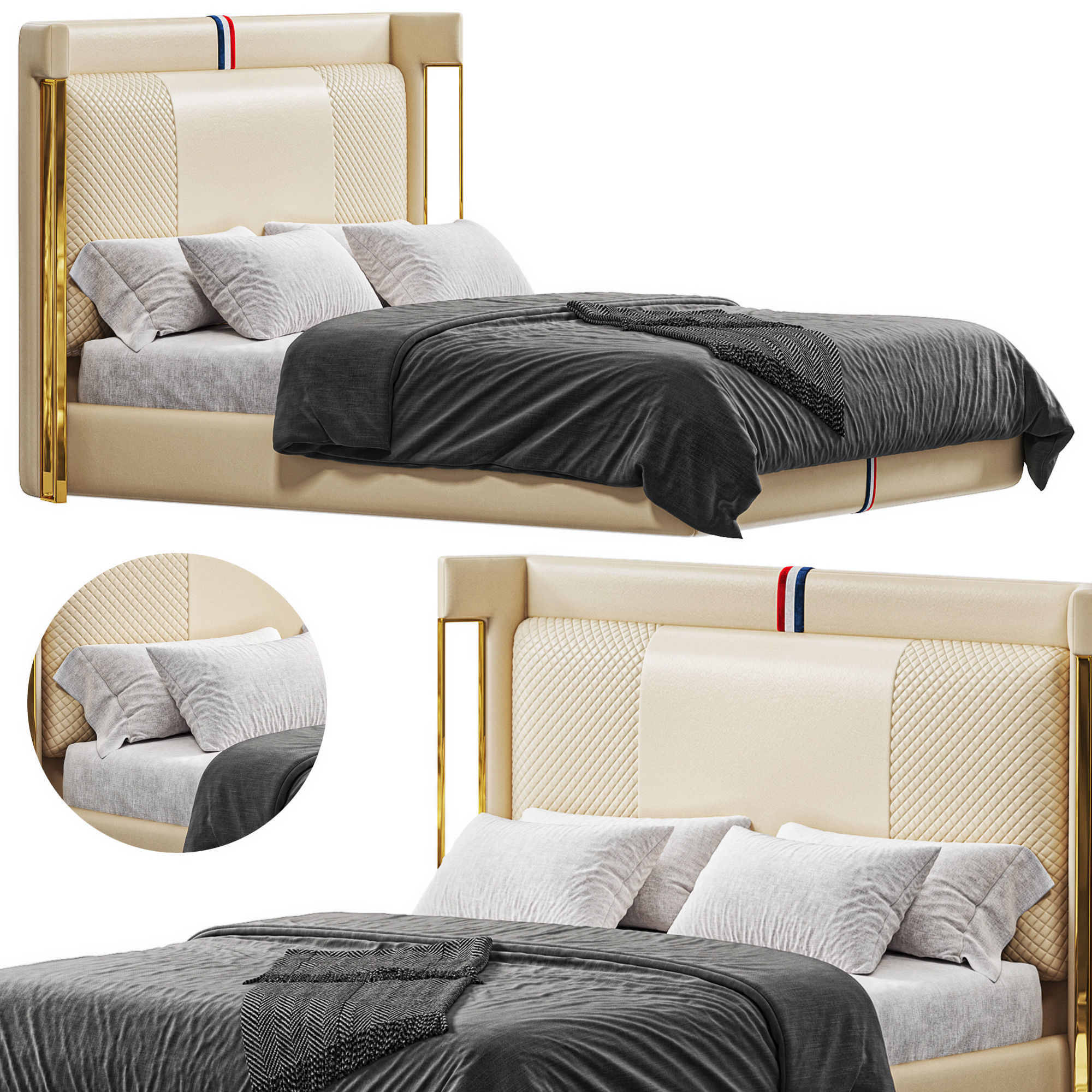 Modern Beige Microfiber Leather Upholstered Bed 3D model_5