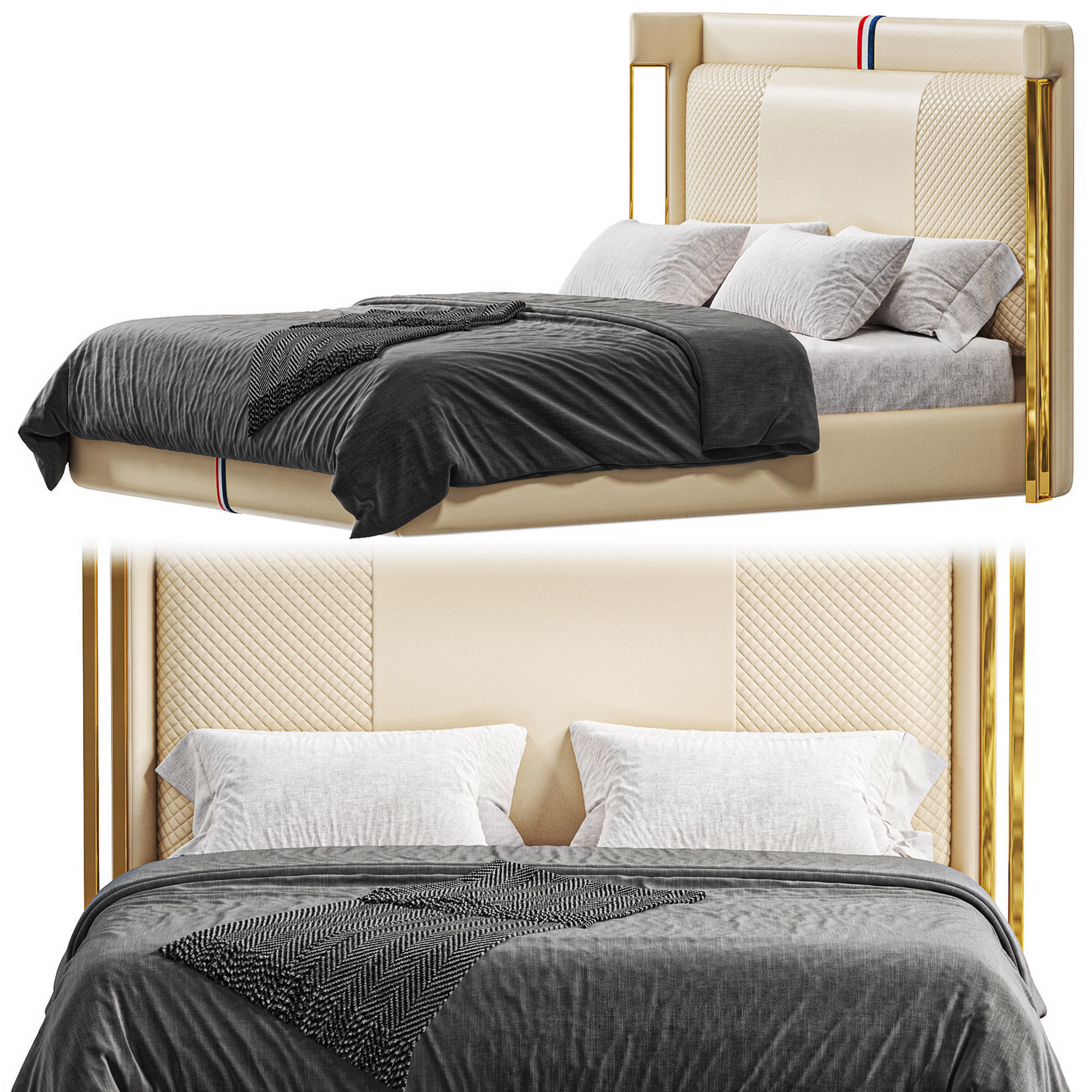 Modern Beige Microfiber Leather Upholstered Bed 3D model_6