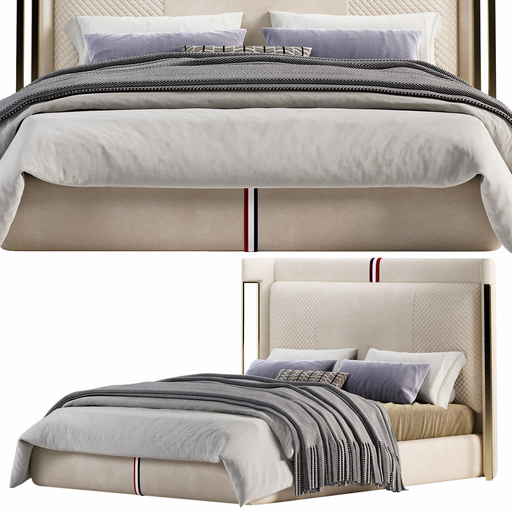 Modern Beige Microfiber Leather Upholstered Bed 3D model_1