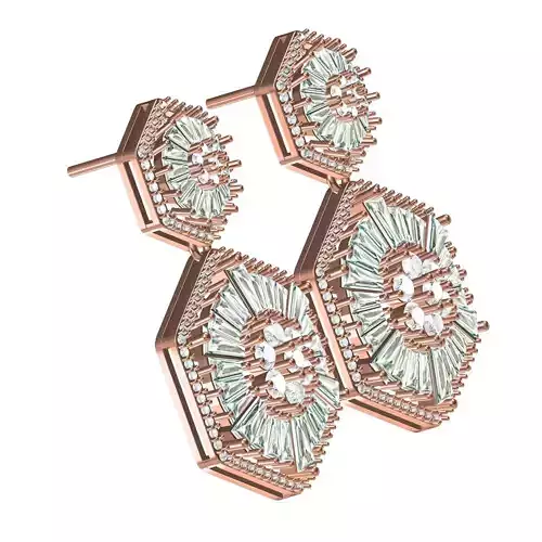 Hexagon Round and Baguette Diamond Stud Earring