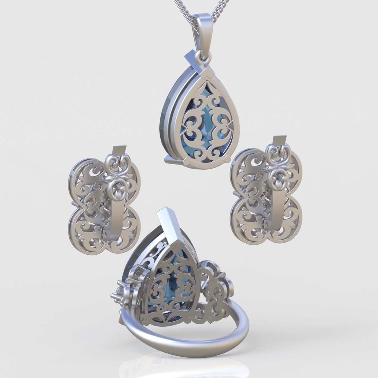 Ring Earring and Pendant Set 3D printable model 0102 3D Model Collection_8