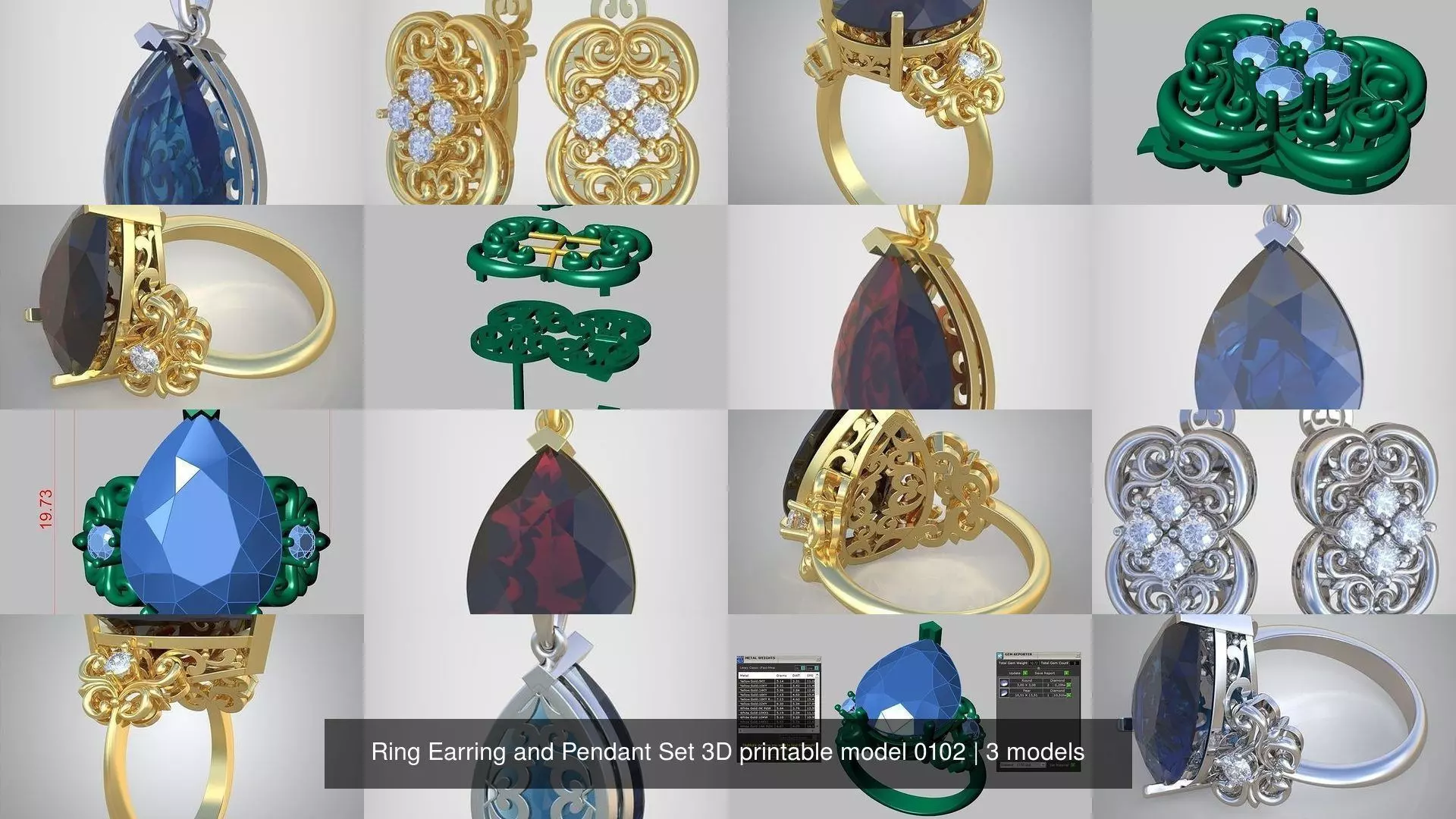 Ring Earring and Pendant Set 3D printable model 0102 3D Model Collection_1