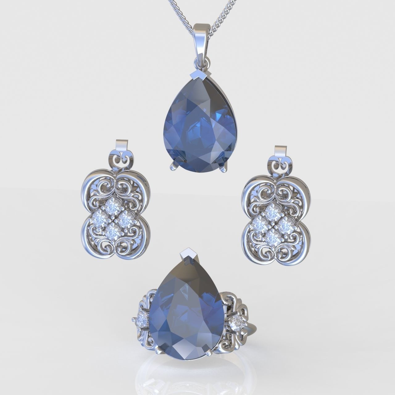 Ring Earring and Pendant Set 3D printable model 0102 3D Model Collection_4