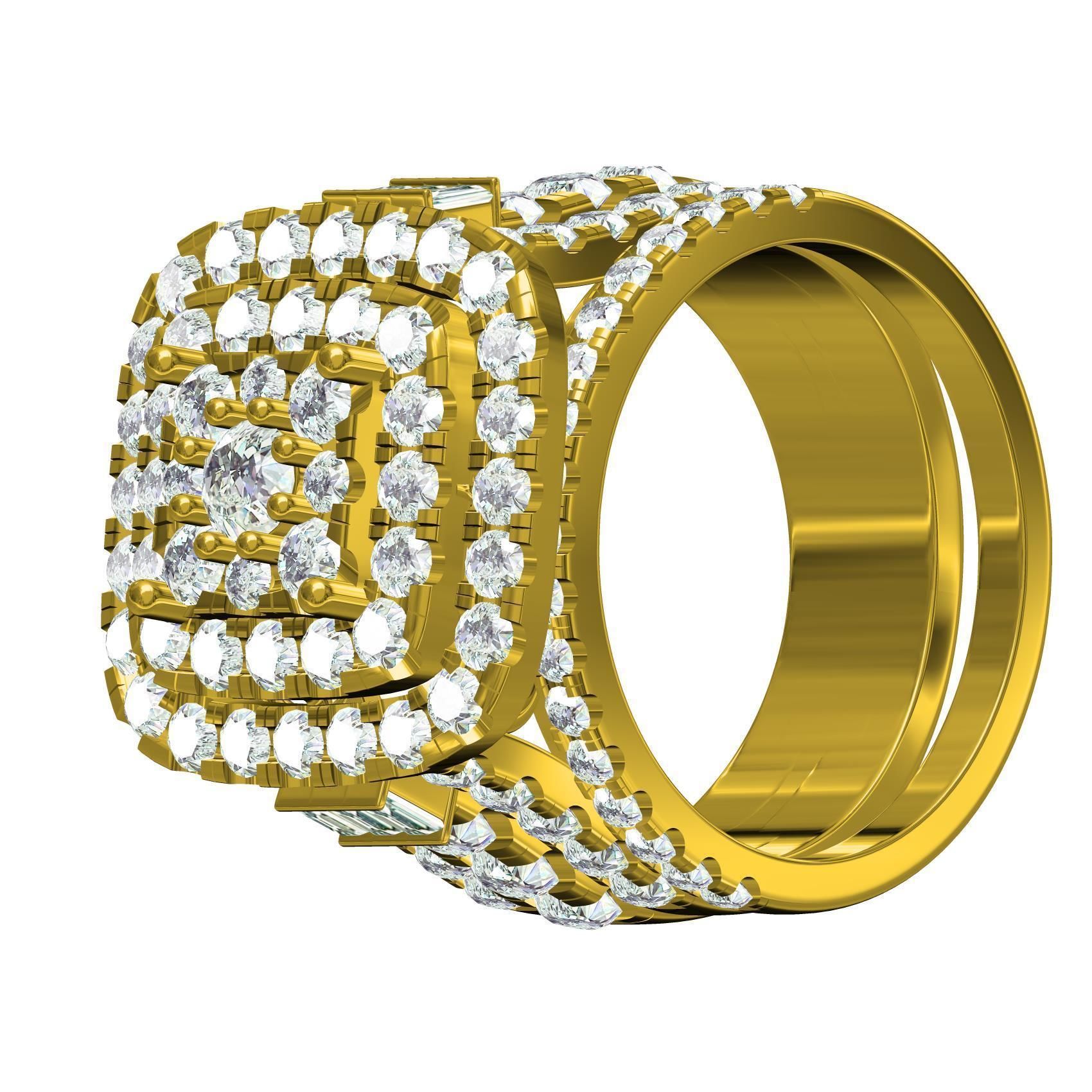 Square Shape Triple Halo Ring with Band 3D print model_3