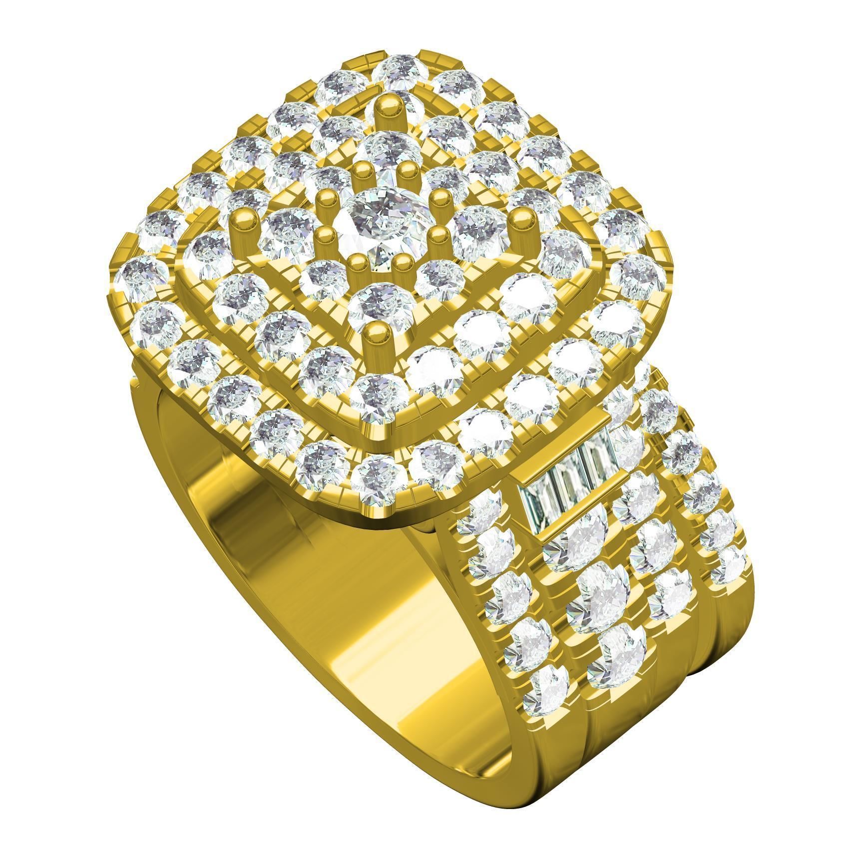 Square Shape Triple Halo Ring with Band 3D print model_1