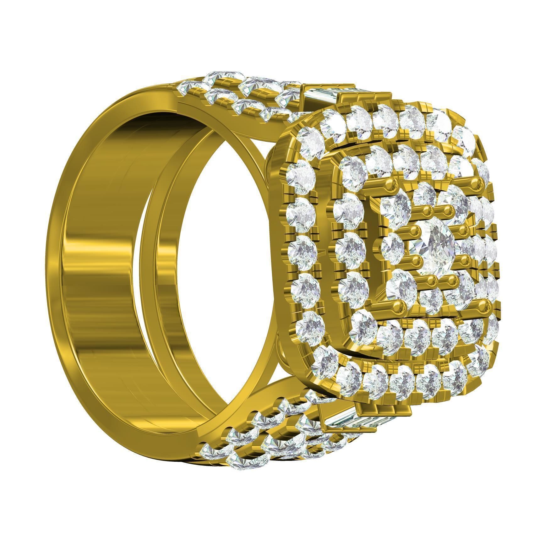 Square Shape Triple Halo Ring with Band 3D print model_4
