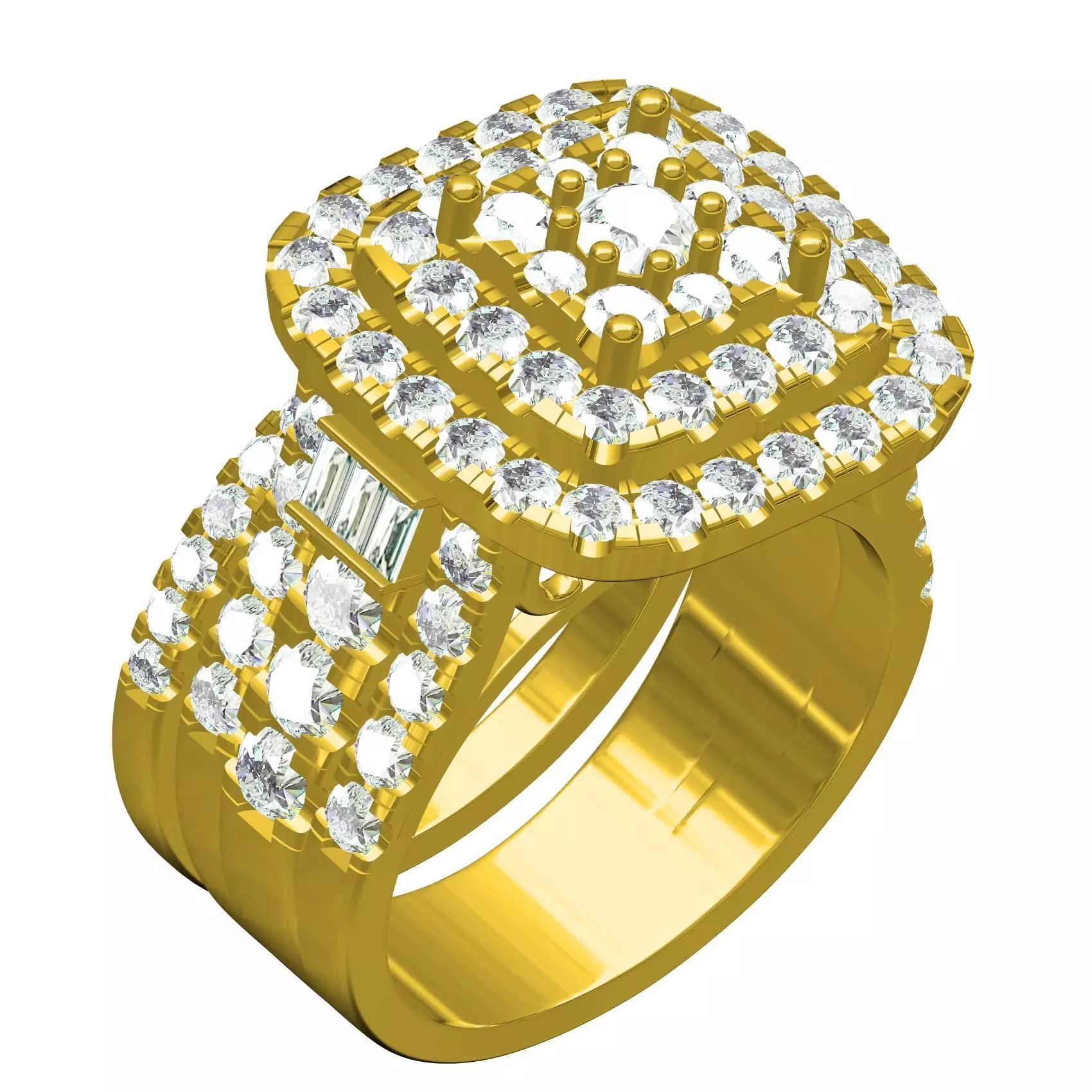 Square Shape Triple Halo Ring with Band 3D print model_0