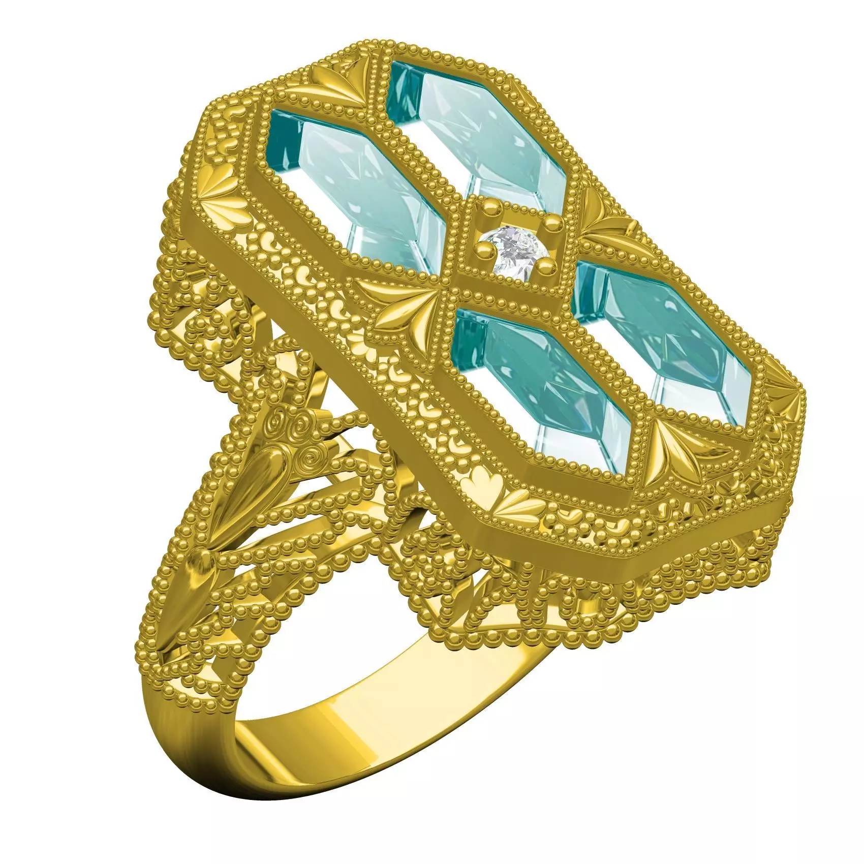 Four Aquamarine Stone Art Deco Filigree Ring 3D print model