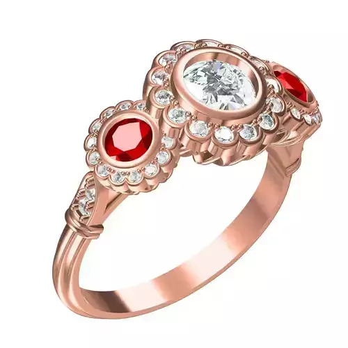 Three Stone Floral Halo Diamond Engagement Ring