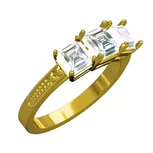 Three Emerald Diamond Engraving Engagement Ring