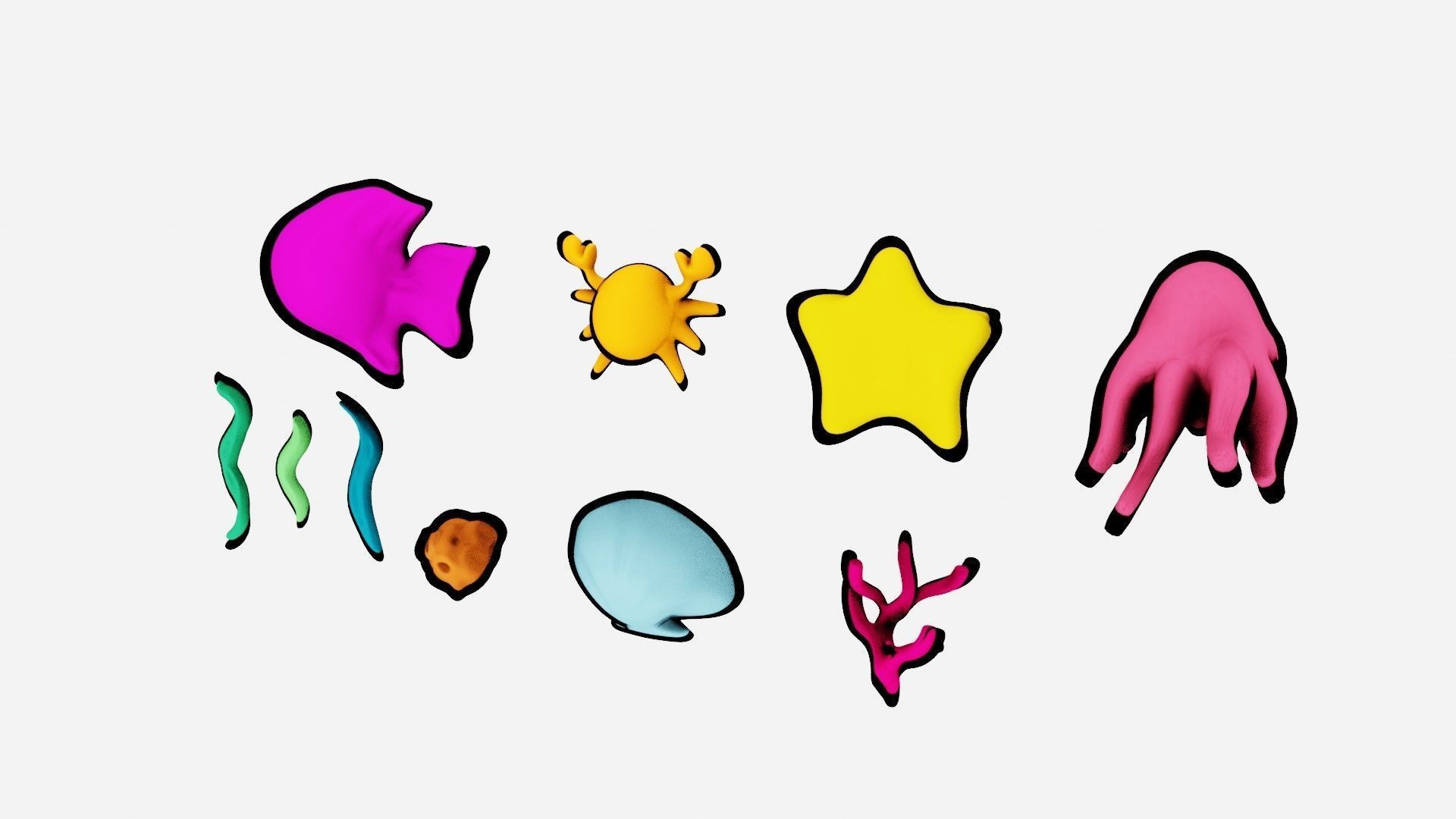 10 cartoon marine 3D icons with 3D Editable Lineart Low-poly 3D model_11