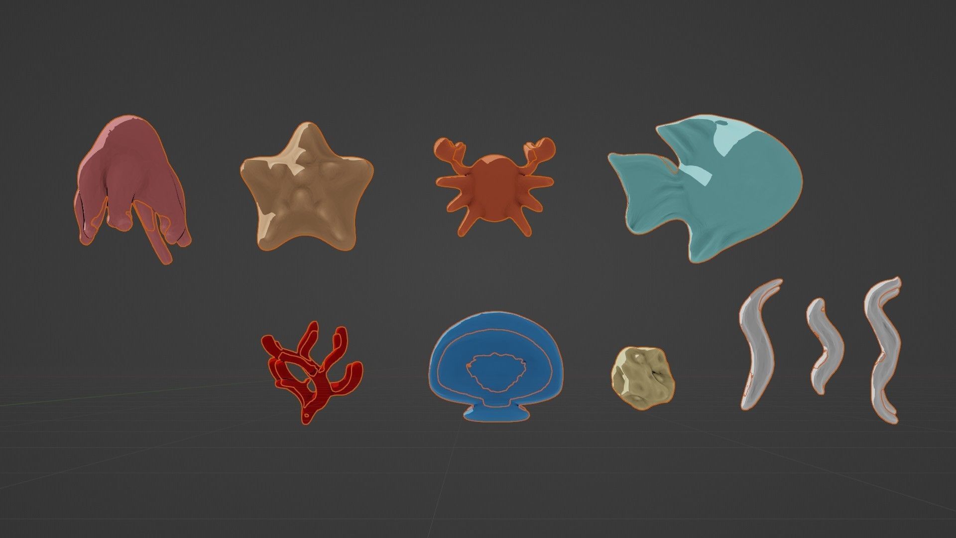 10 cartoon marine 3D icons with 3D Editable Lineart Low-poly 3D model_41