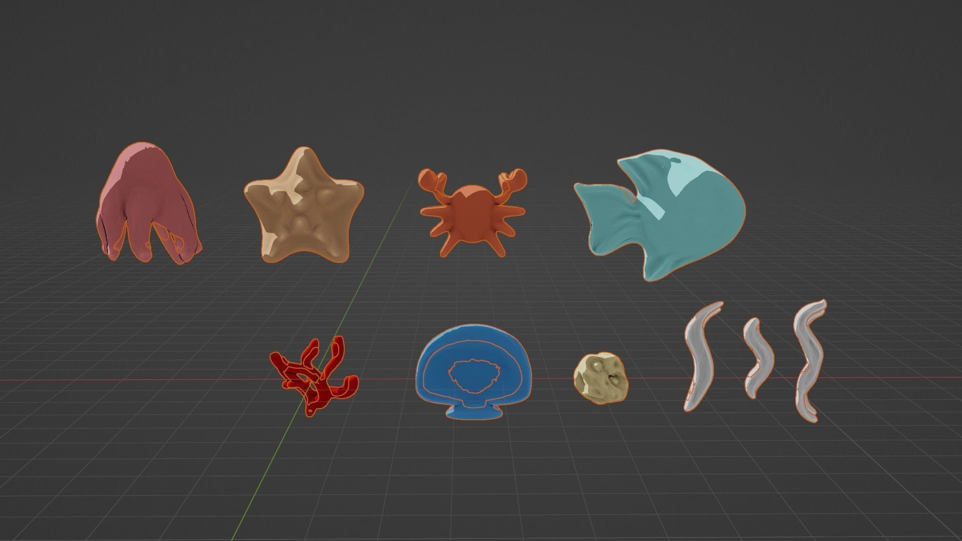 10 cartoon marine 3D icons with 3D Editable Lineart Low-poly 3D model_25